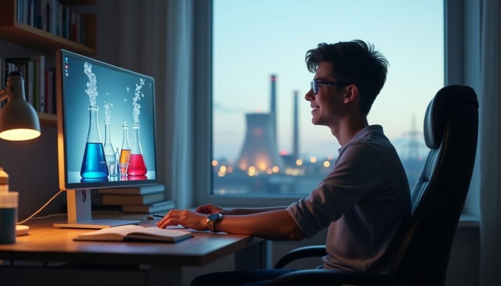 Jovem estudando em seu quarto com soluções químicas.