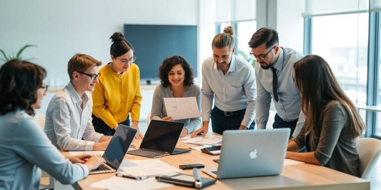 Equipe de administradores colaborando em um escritório moderno.