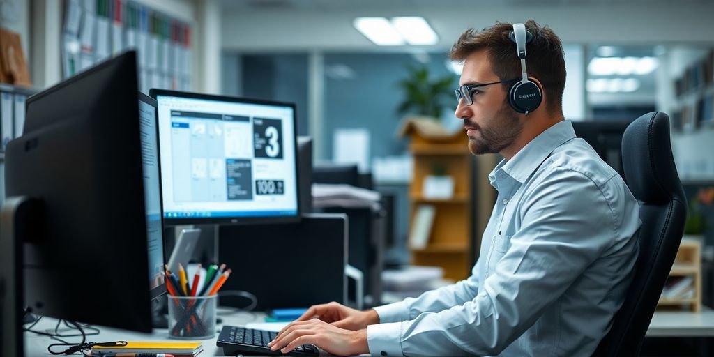 Técnico em administração trabalhando no computador.