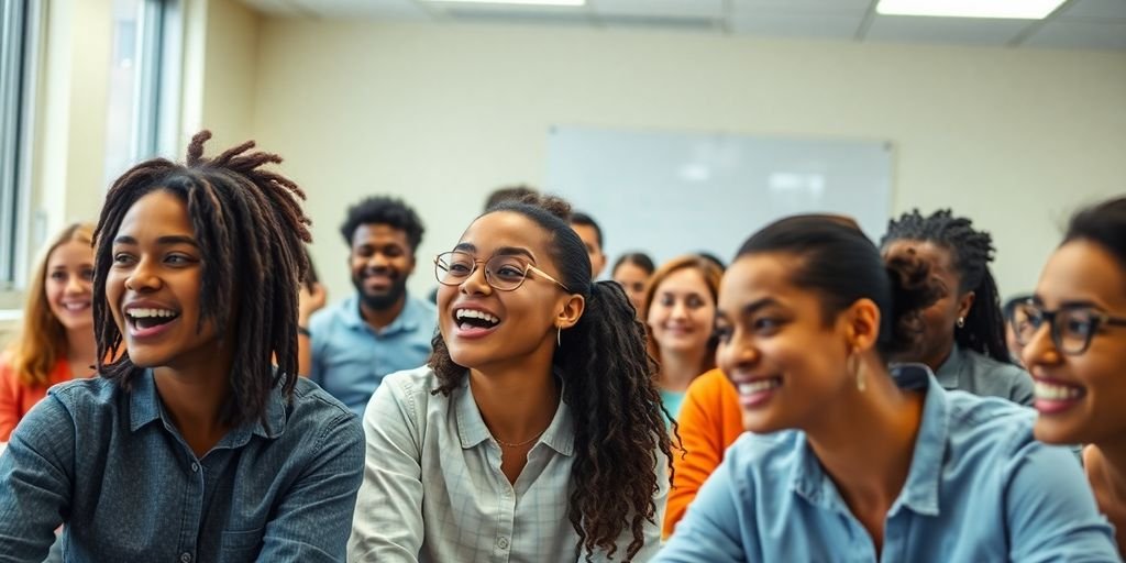 Grupo diverso aprendendo em uma sala de aula.