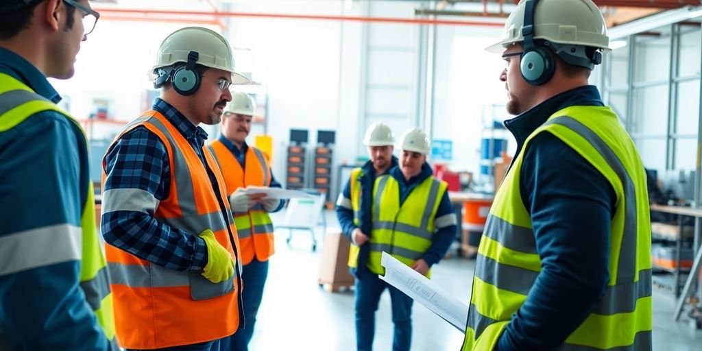 Técnicos de segurança em treinamento com funcionários atentos.