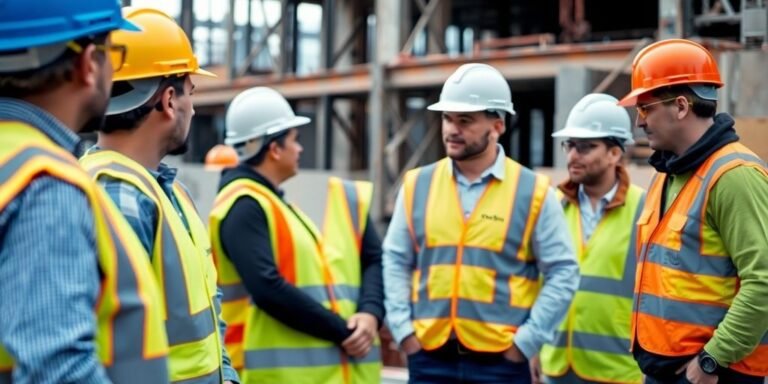 Técnicos em segurança do trabalho em obra de construção.