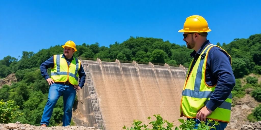 Engenheiros em mineração inspecionando uma barragem segura.