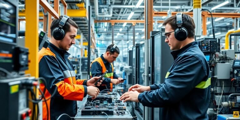 Técnicos em eletrotécnica trabalhando com automação industrial.