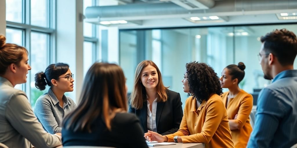 Grupo diversificado de pessoas discutindo e colaborando.