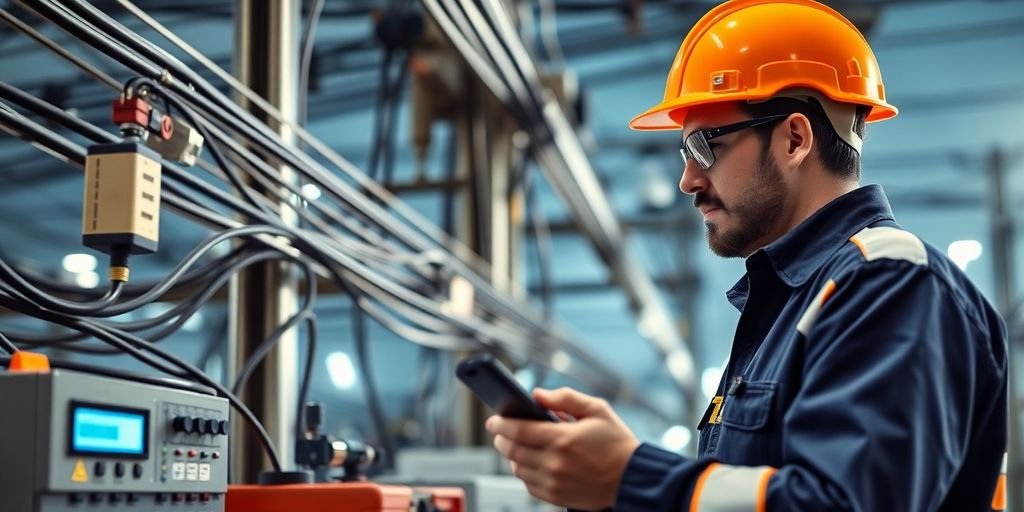 Técnico em eletrotécnica trabalhando em rede elétrica moderna.