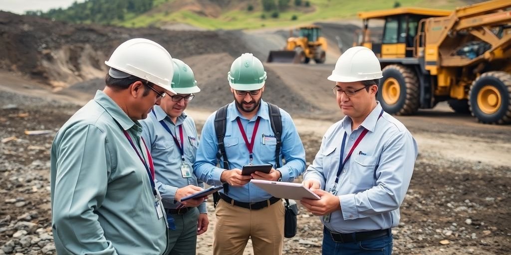 Técnicos analisando locais de extração mineral.