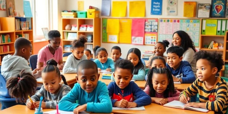 Sala de aula inclusiva com alunos diversos interagindo.