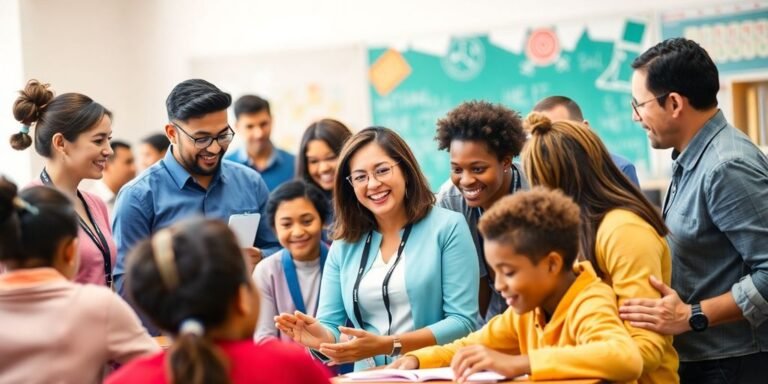 Educadores diversos interagindo com alunos em sala de aula.