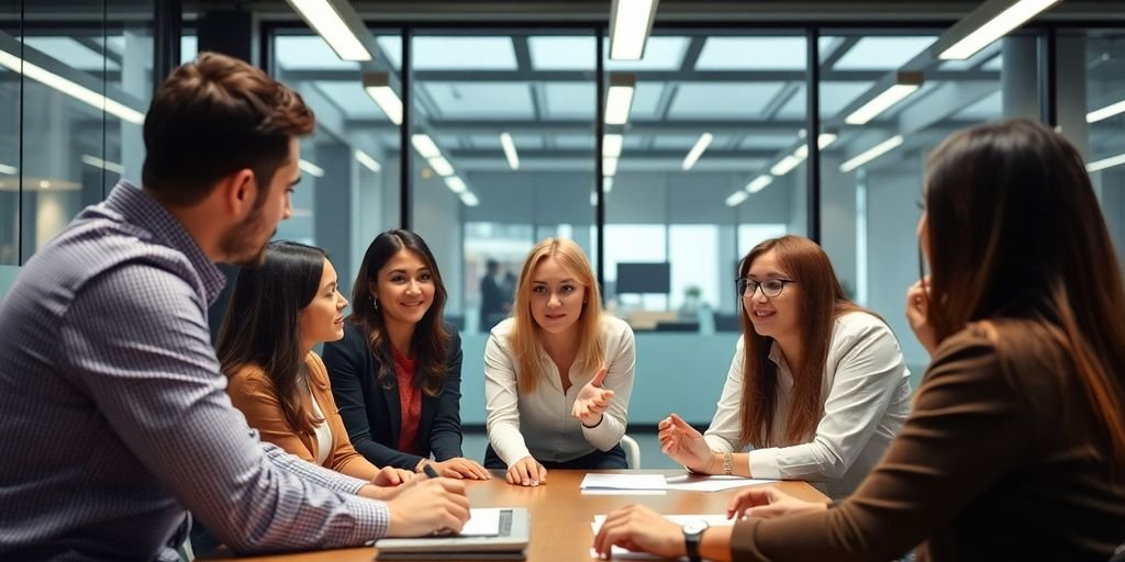 Treinamento corporativo em ambiente moderno com funcionários engajados.