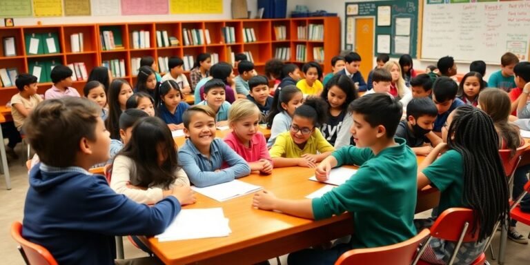 Sala de aula vibrante com alunos diversos aprendendo juntos.