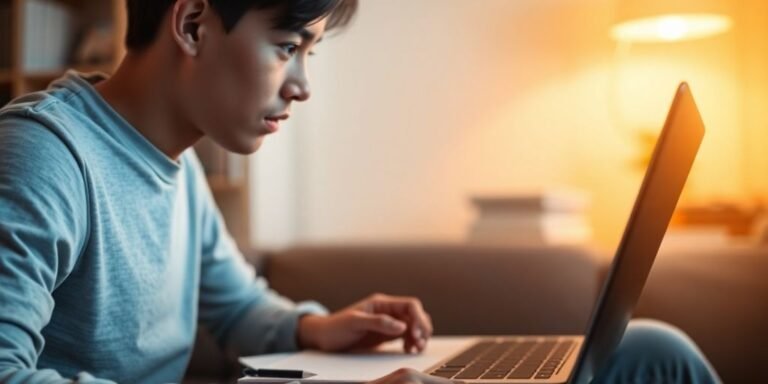 Estudante concentrado em aula online com laptop.