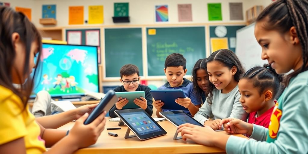 Sala de aula moderna com tecnologia educacional avançada.