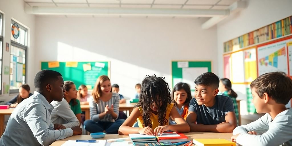 Sala de aula vibrante com alunos diversos aprendendo juntos.