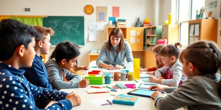 Sala de aula vibrante com estudantes colaborando.