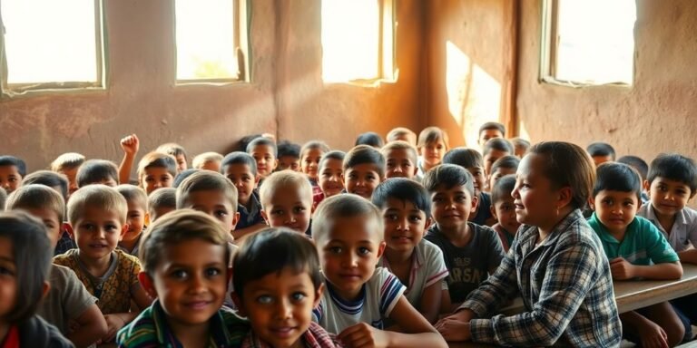 Sala de aula rural com alunos e professora felizes.