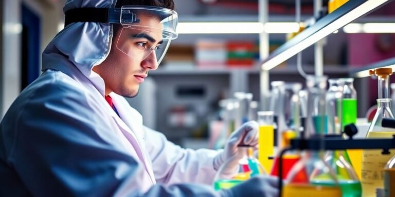 Técnico em química trabalhando em um laboratório moderno.