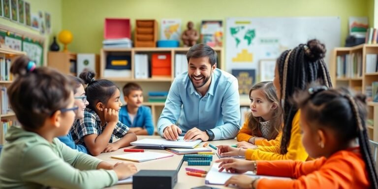 Cena de sala de aula vibrante com alunos engajados.