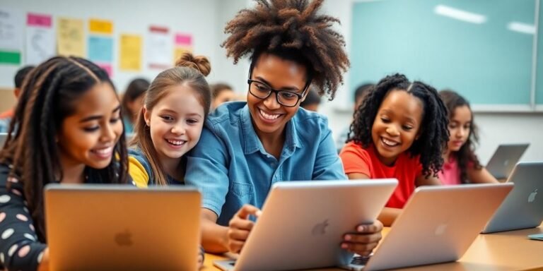 Estudantes usando tecnologia em sala de aula.