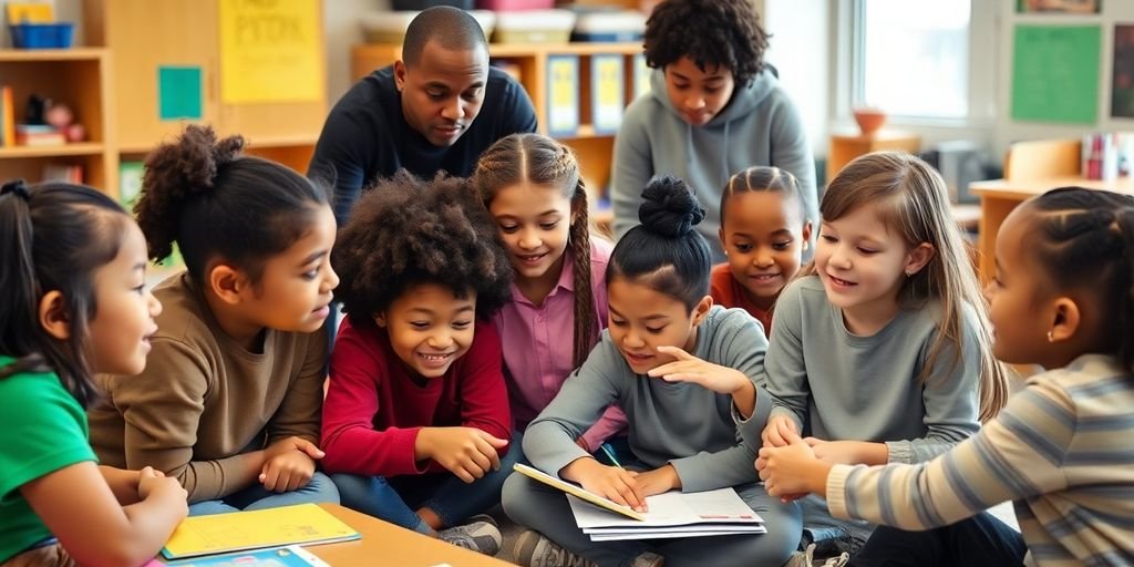 Grupo diverso de alunos em sala de aula colaborativa.