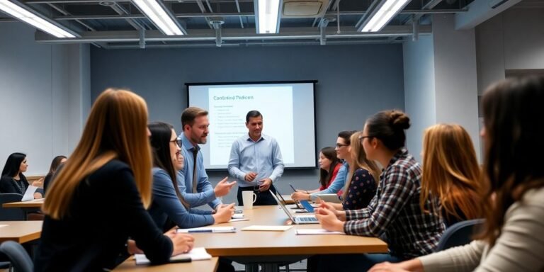 Sessão de treinamento profissional com participantes engajados.