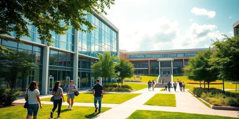 Alunos interagindo em um campus universitário moderno.