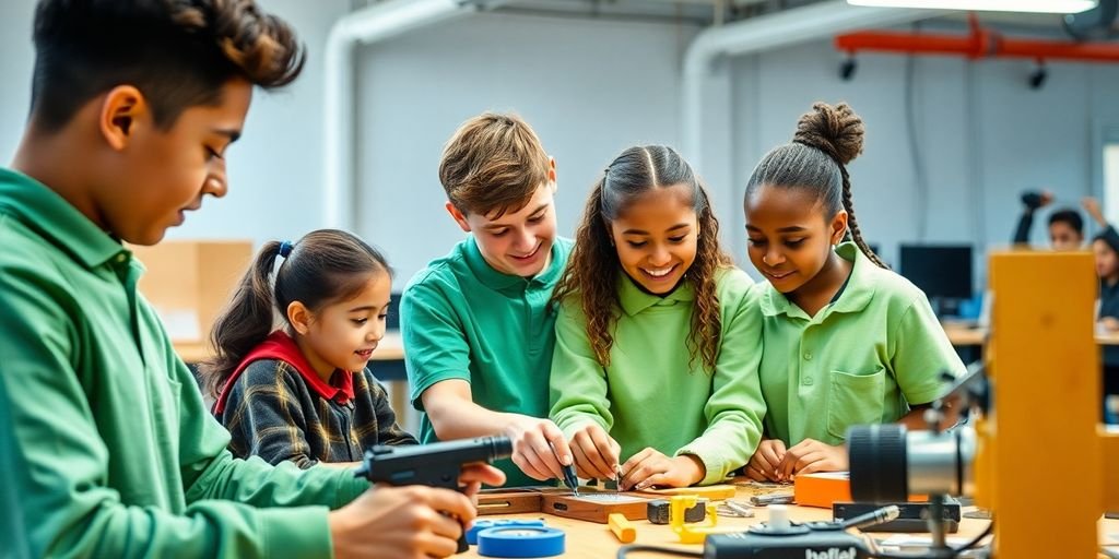 Jovens estudantes em aula prática de ensino técnico.