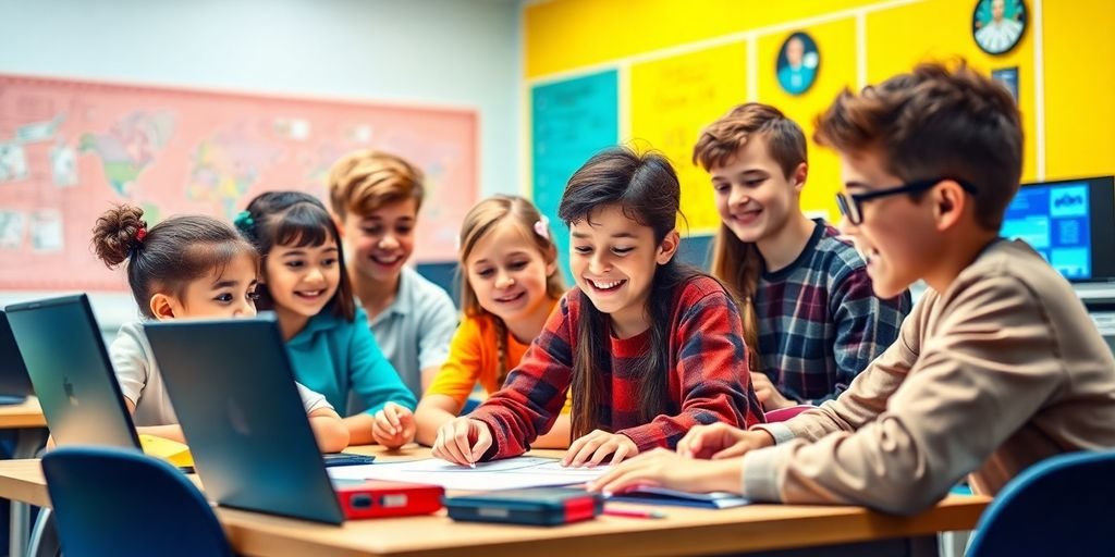 Sala de aula moderna com alunos envolvidos em atividades.