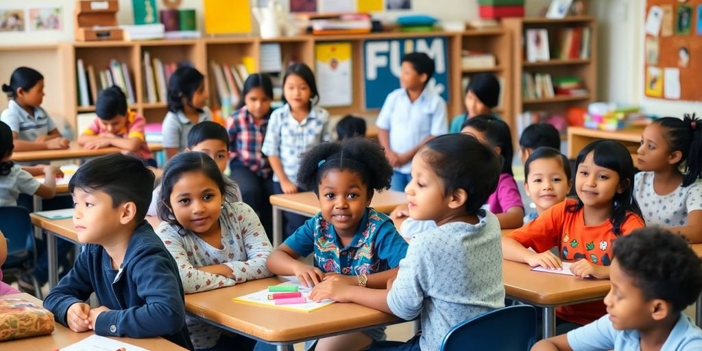 Alunos diversos em uma sala de aula vibrante.