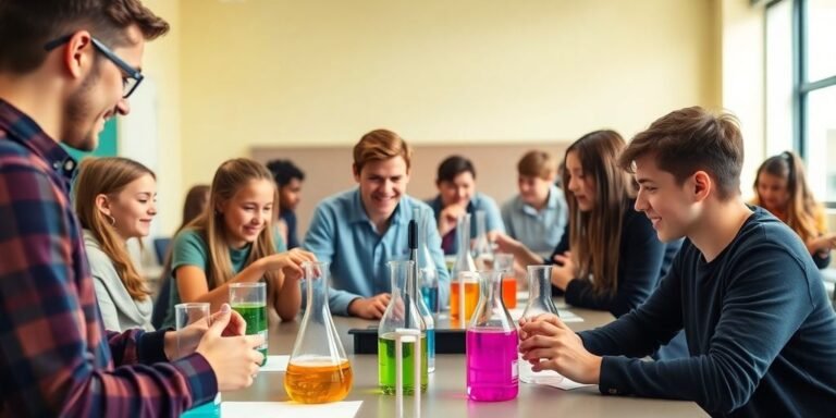 Sala de aula com alunos em experiências de química.