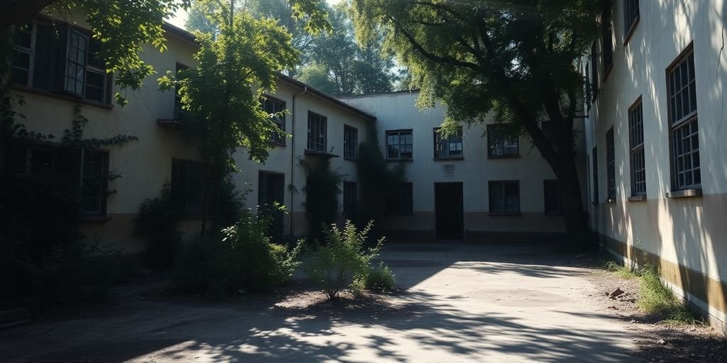 Escola em ruínas com janelas quebradas e mato.