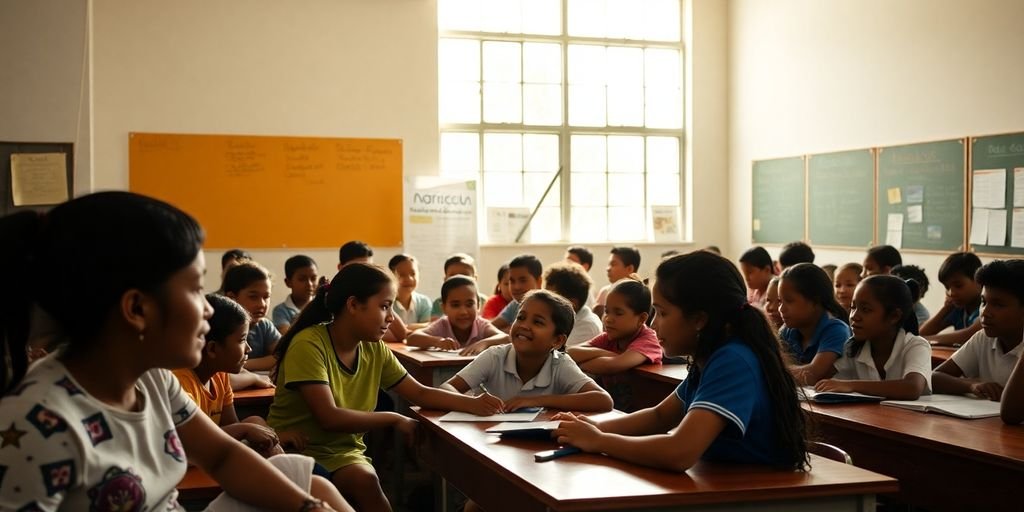 Estudantes diversos em sala de aula, aprendendo juntos.