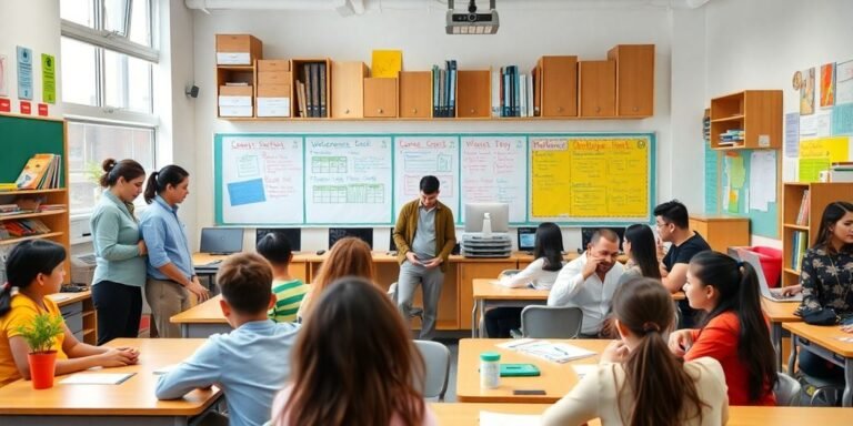 Sala de aula moderna com professores colaborando.