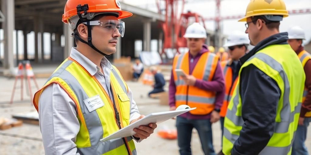 Técnico de segurança em ação em um canteiro de obras.