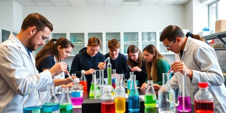 Estudantes em laboratório realizando experimentos de química.