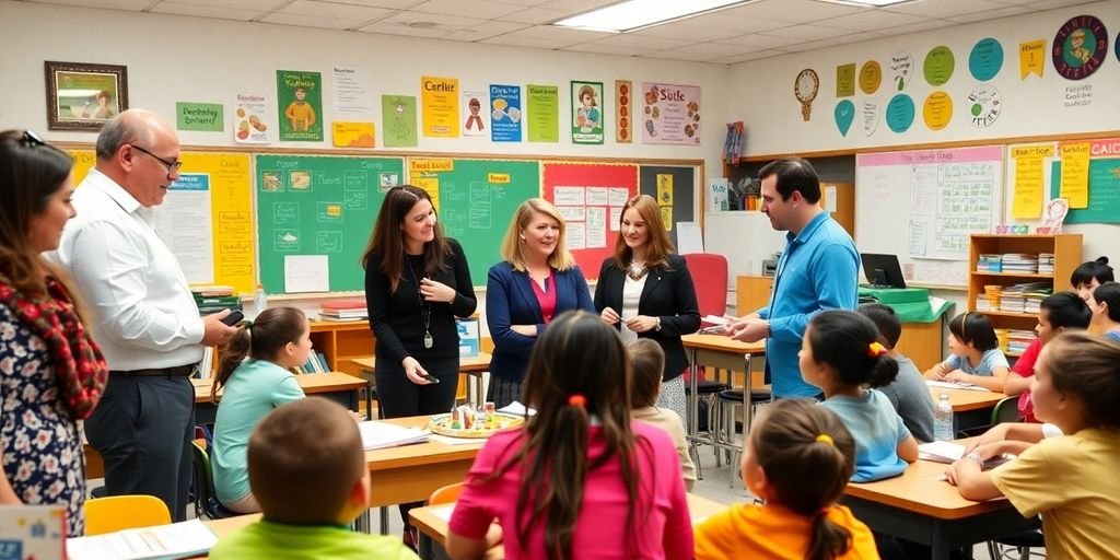 Professores e alunos colaborando em uma sala de aula vibrante.