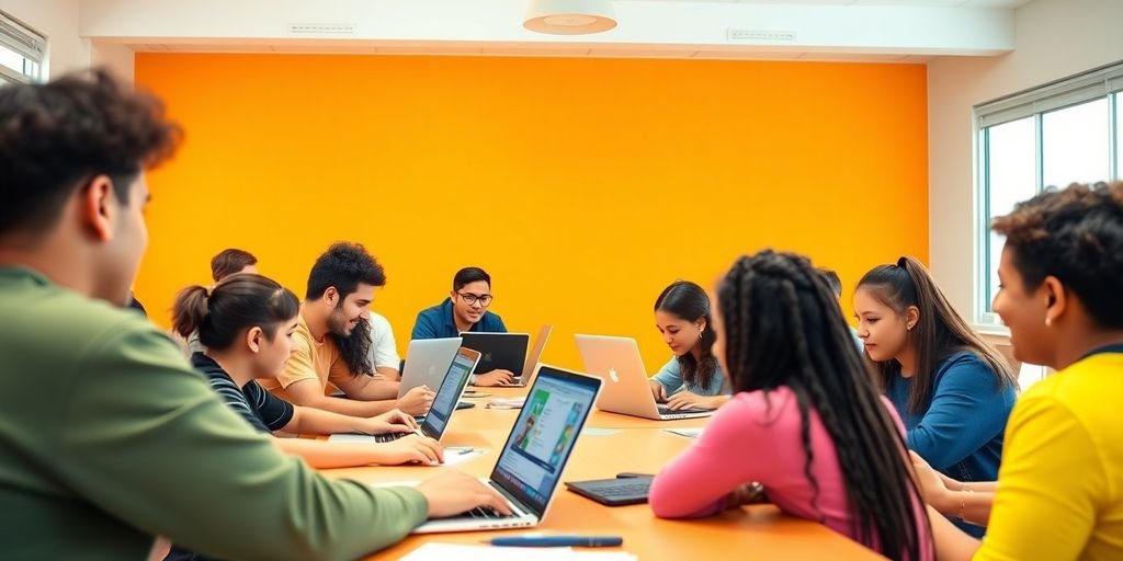 Sala de aula online com alunos usando laptops.