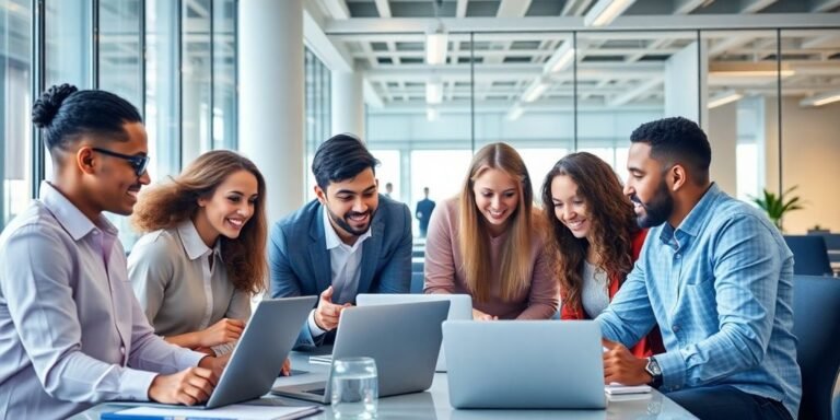 Profissionais diversos colaborando em um ambiente corporativo moderno.