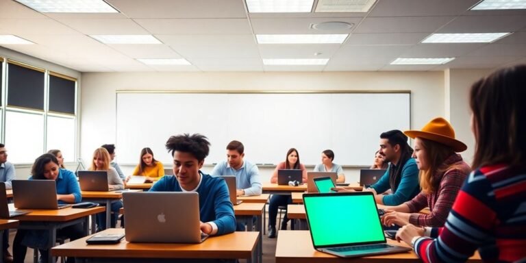 Sala de aula com alunos aprendendo presencial e online.