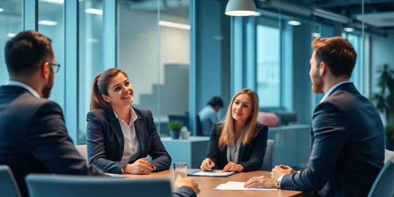 Pessoa liderando reunião em ambiente corporativo moderno.