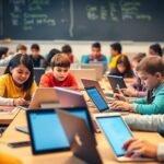 Sala de aula com alunos usando tecnologia moderna.