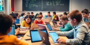 Sala de aula com alunos usando tecnologia moderna.