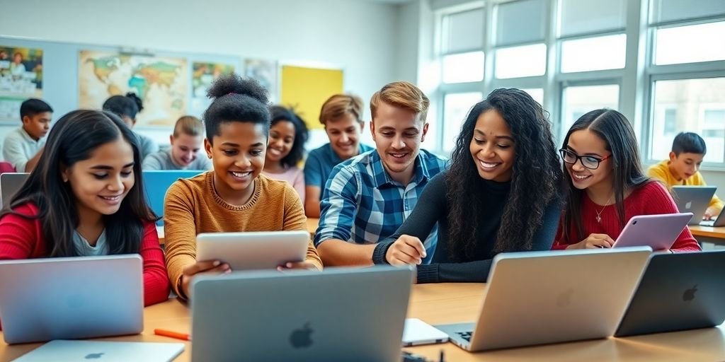 Sala de aula moderna com alunos usando tecnologia.