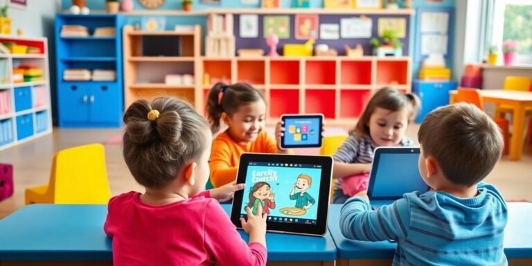 Crianças aprendendo com tablets em sala de aula divertida.