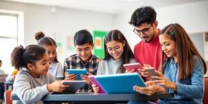 Estudantes usando dispositivos digitais em sala de aula.