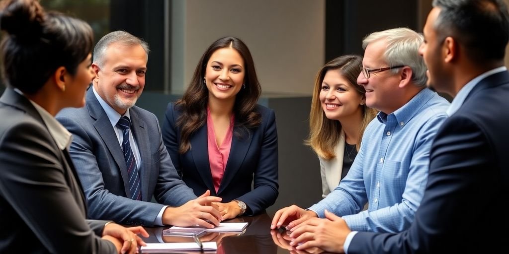 Grupo diversificado conversando em ambiente profissional.