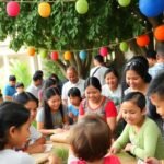 Reunião comunitária com pessoas engajadas em atividades educativas.