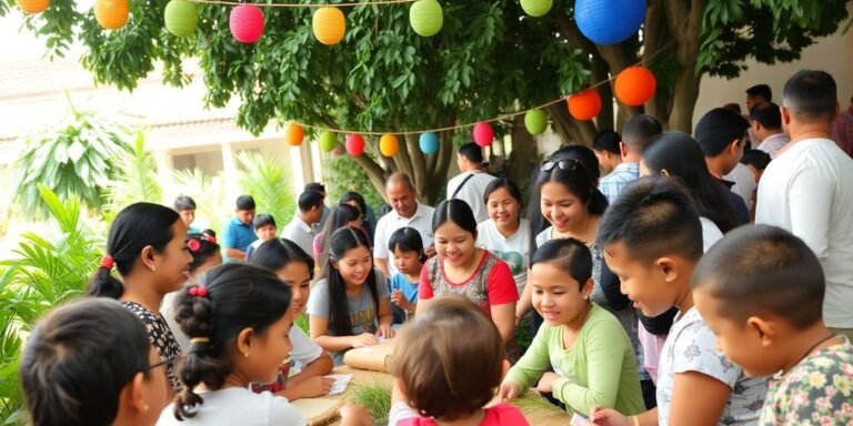 Reunião comunitária com pessoas engajadas em atividades educativas.