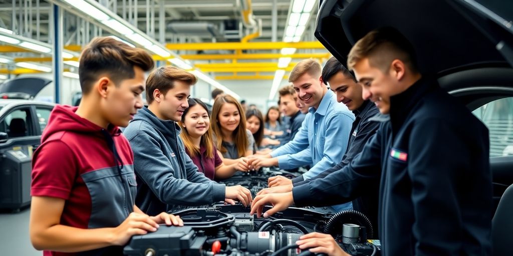 Grupo diverso de trainees na fábrica da Volkswagen.