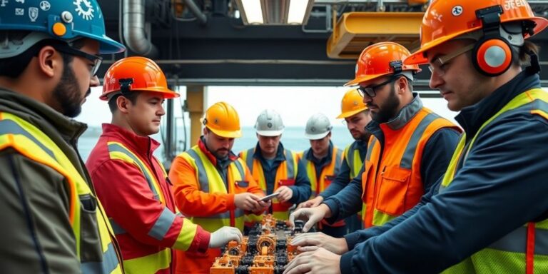 Grupo diverso de técnicos trabalhando em plataforma de petróleo.
